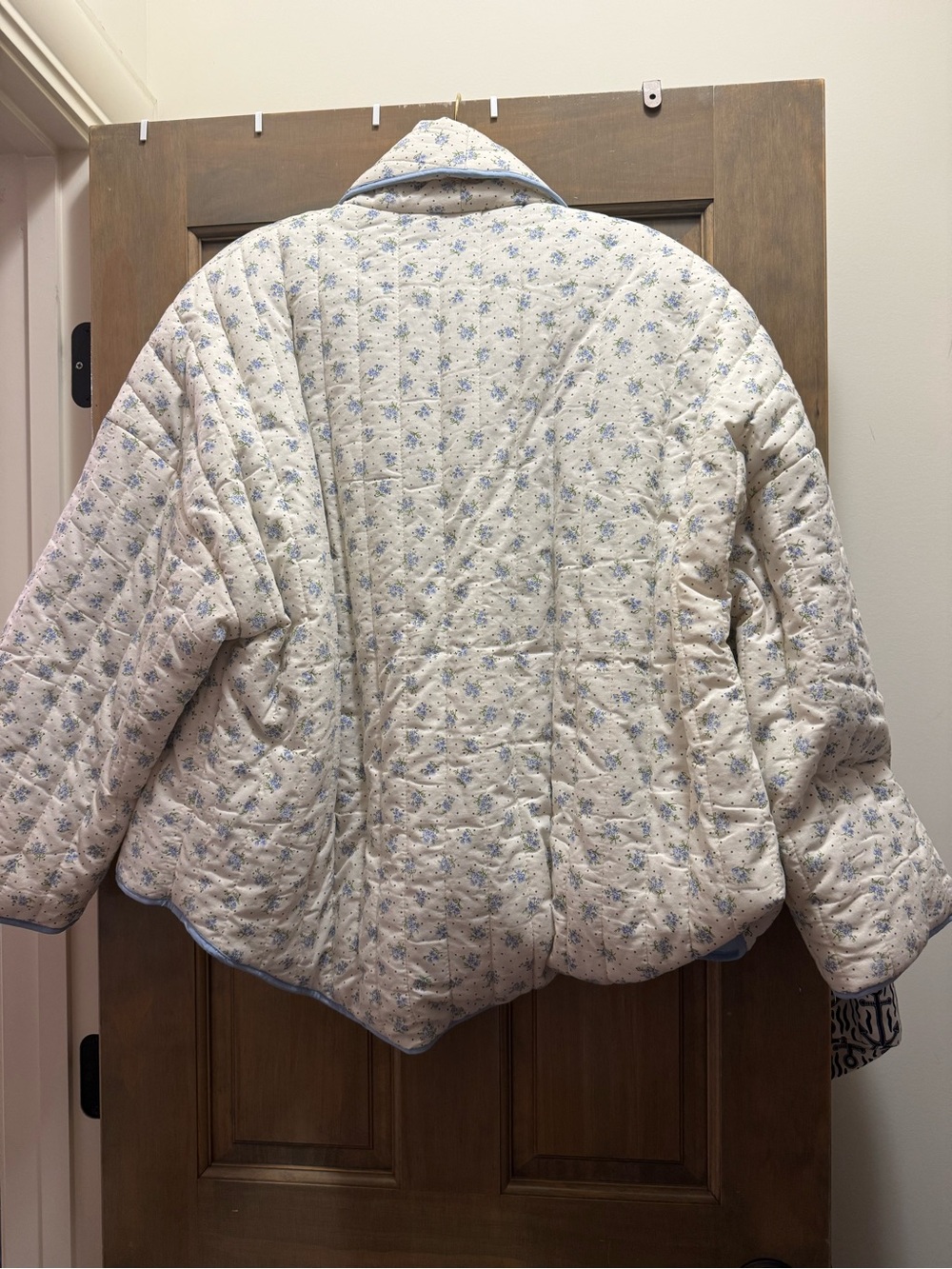 Quilted Shawl-Collar Puffer Jacket in Cream and Light Blue - Picture 3 of 3